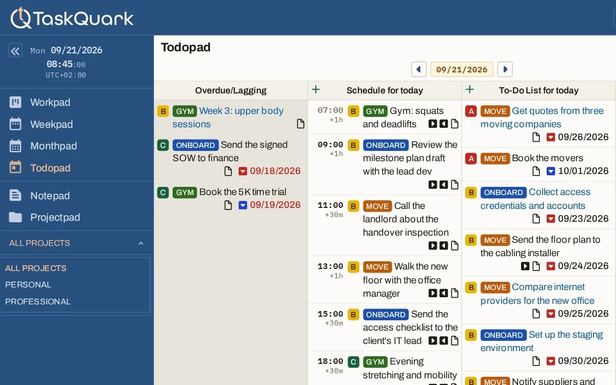 The TaskQuark app on the Todopad with the sidebar’s work context selector open, switching from all projects to professional to personal: the overdue, schedule, and to-do columns beside it show gym, move, and client-onboarding tasks together, then only the move and onboarding ones, then only the gym ones