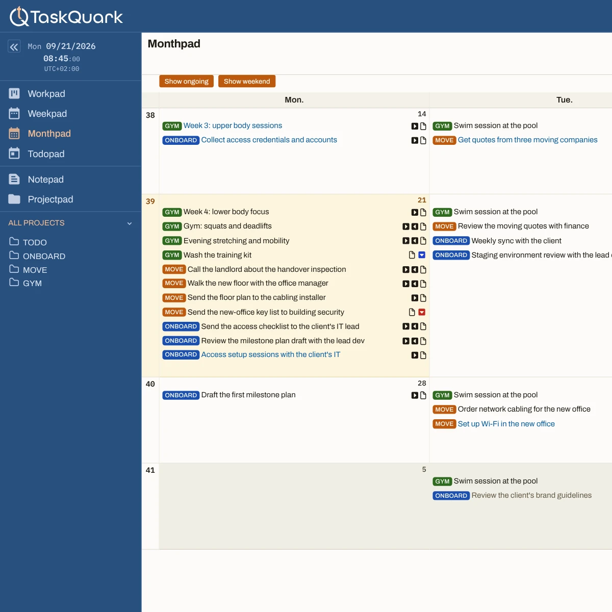 The Monthpad with the sidebar open on all projects and the weekend hidden: Monday and Tuesday of weeks 38 to 41, with cards from the gym, move, and onboarding projects grouped by project in each day — Monday 21, marked as today, holds the gym tasks, then the move tasks, then the onboarding ones — marked for their start, end, due, and target dates, and Swim session at the pool repeating each Tuesday