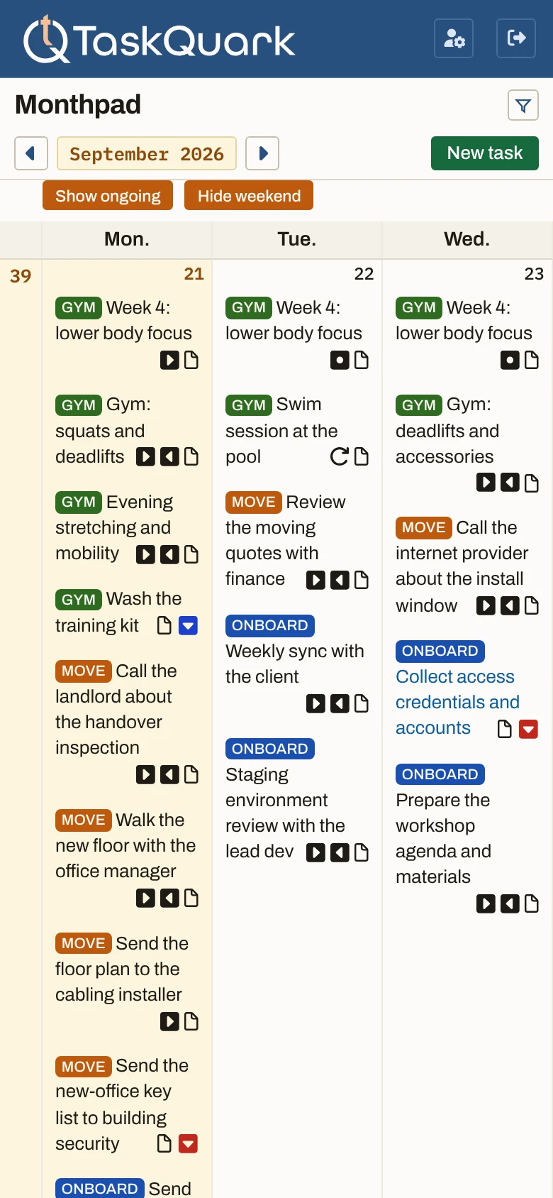 The same Monthpad on a phone: Monday 21 to Wednesday 23 September, each day listing its tasks from the gym, the move, and a client onboarding