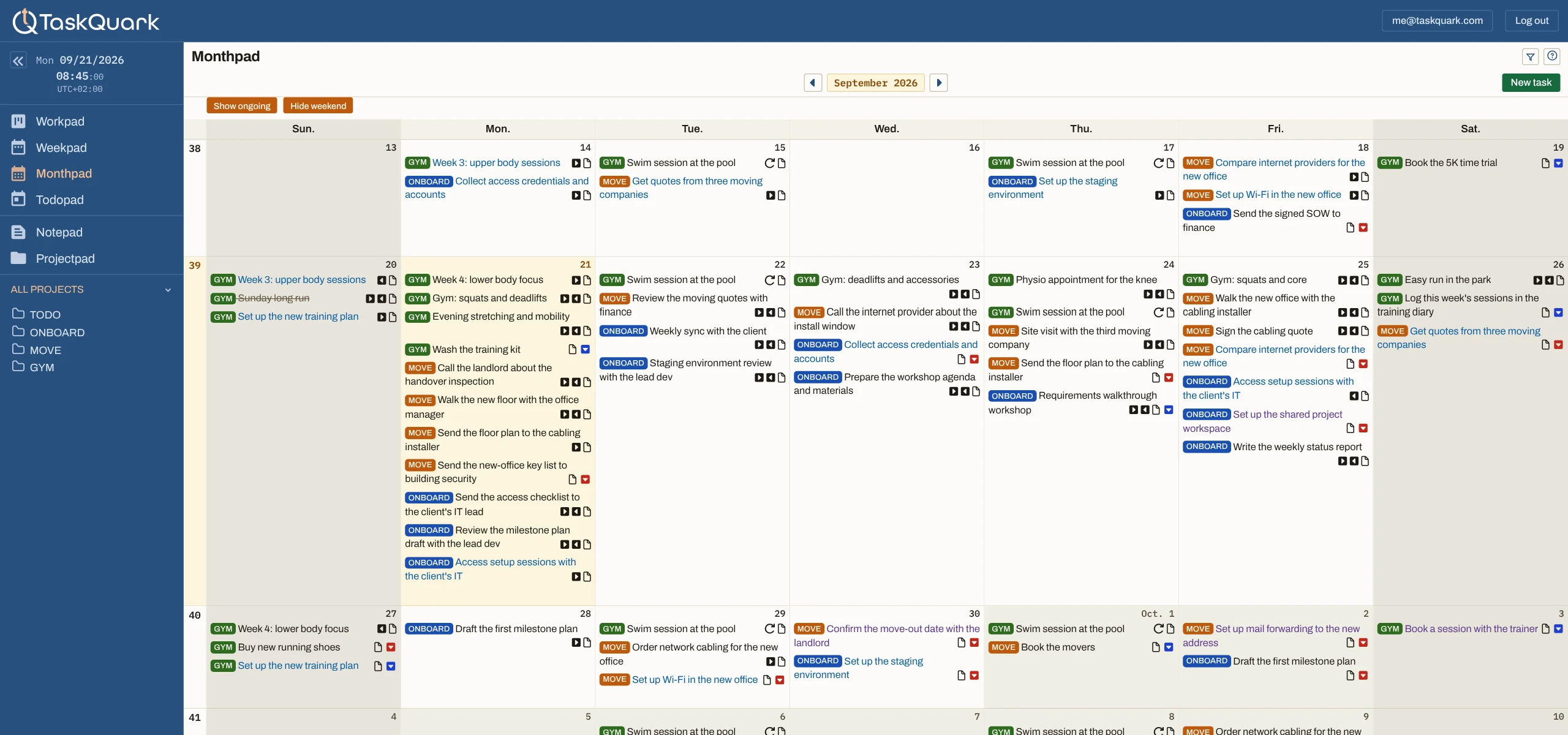 The TaskQuark app on the Monthpad for September 2026, sidebar open with Monthpad selected: the month navigator, the Show ongoing and Hide weekend toggles, the Sunday to Saturday headers, and weeks 38 to 40 numbered down the left with tasks from a gym season, an office move, and a client onboarding on their dates, Monday 21 marked as today and the first days of October at the end of week 40