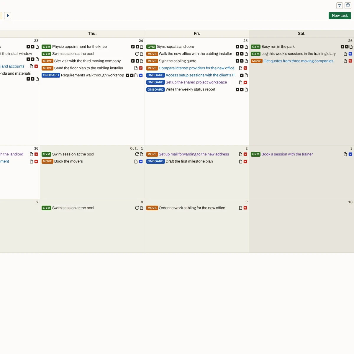The right-hand side of the Monthpad, Thursday to Saturday of weeks 39 to 41: the last days of September full of tasks from the gym, move, and onboarding projects, then Thursday 1 to Saturday 3 October grayed with Book the movers, Set up mail forwarding to the new address, Draft the first milestone plan, and Book a session with the trainer on their dates, and the swim session and the network cabling order in the week after
