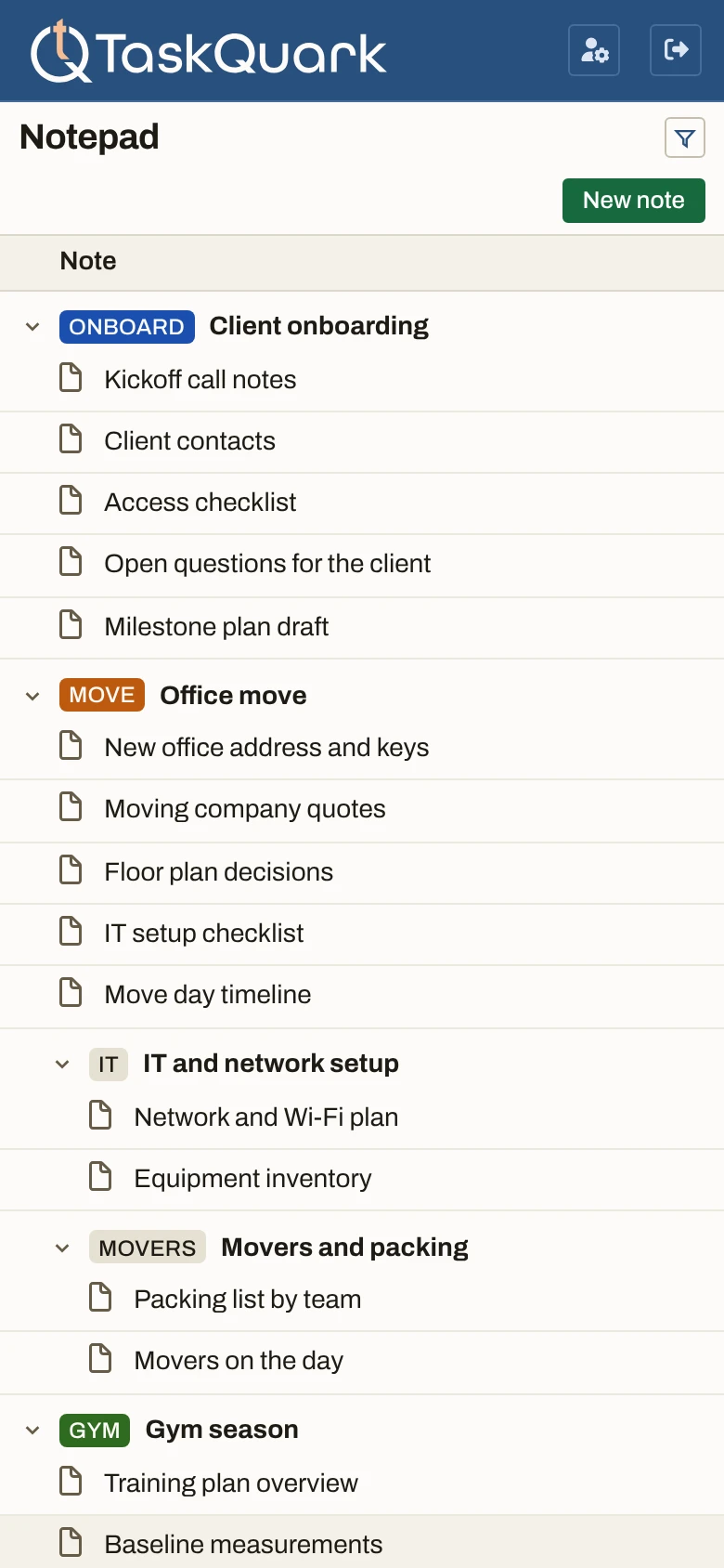 The same Notepad on a phone: notes grouped under their projects, with the office move’s two subprojects nested inside it