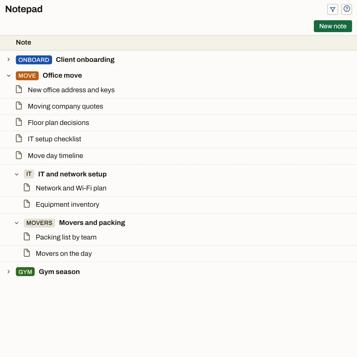 The Notepad list from its left edge: Client onboarding and Gym season closed, Office move open with its five notes, and its subprojects IT and network setup and Movers and packing indented under it, two notes each