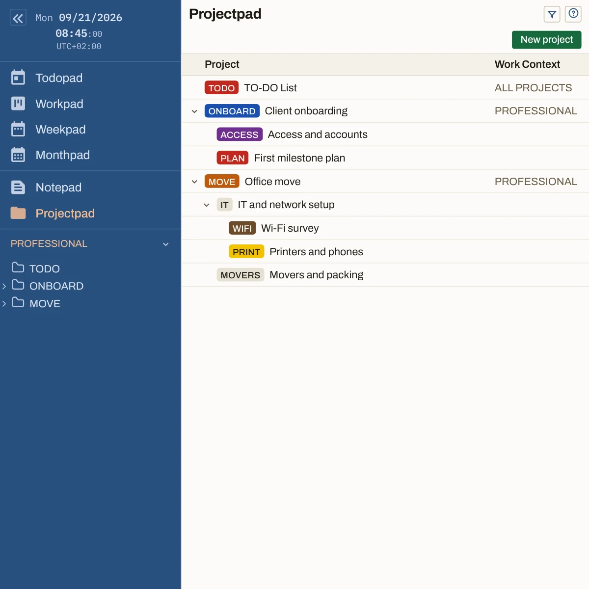 The Projectpad with PROFESSIONAL chosen in the sidebar’s work context selector: the sidebar tree and the table both list the TO-DO List, Client onboarding with its two subprojects, and Office move with its own, and Gym season is gone from both