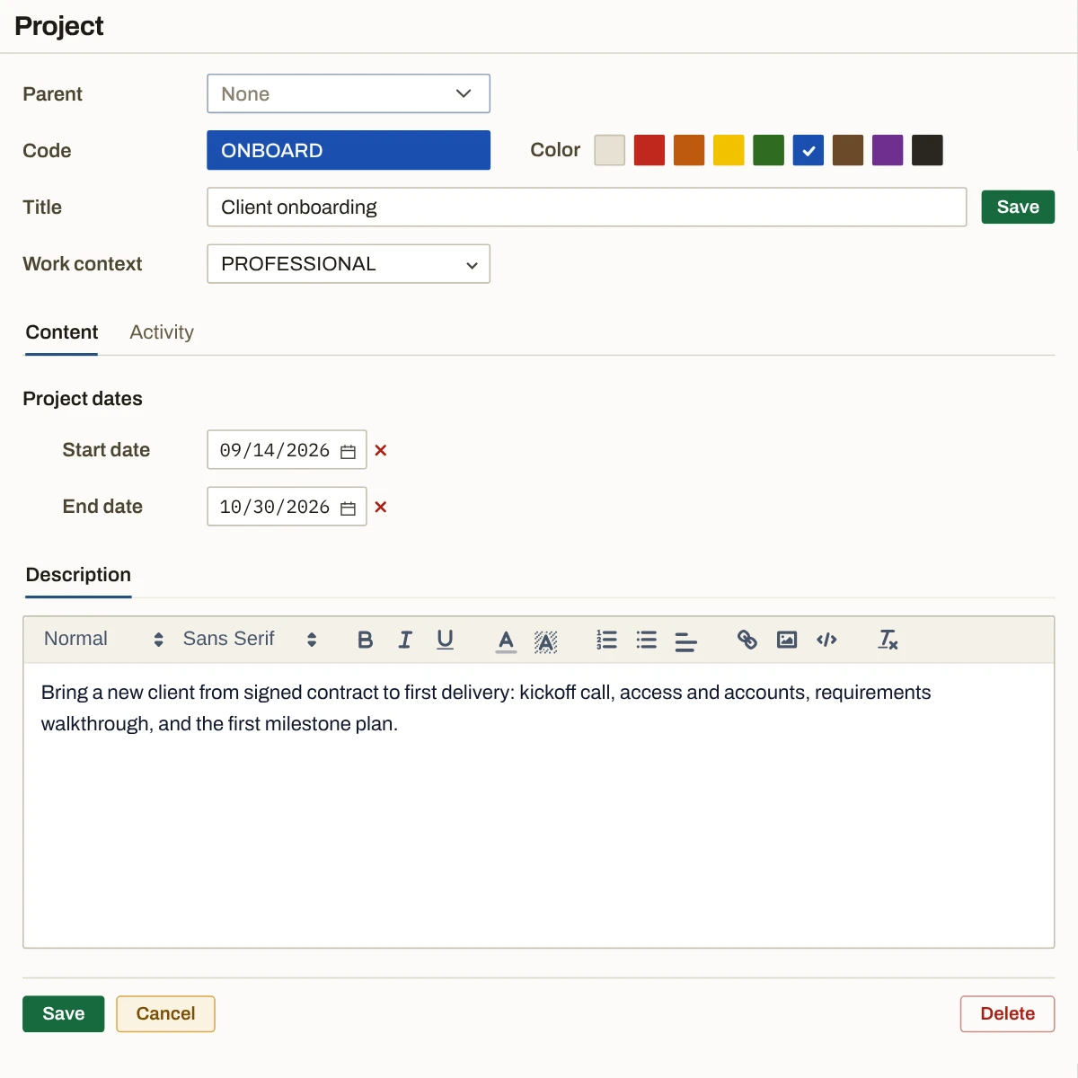 Client onboarding open in its project form: Parent set to None, the code ONBOARD shown in its color beside the nine color swatches, the title, Work context PROFESSIONAL, Project dates with a start date of September 14 and an end date of October 30, and the project description below