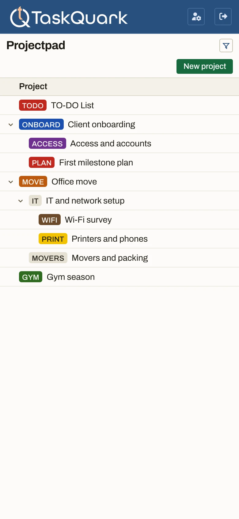 The same Projectpad on a phone: the project tree, with subprojects nested under the client onboarding and the office move