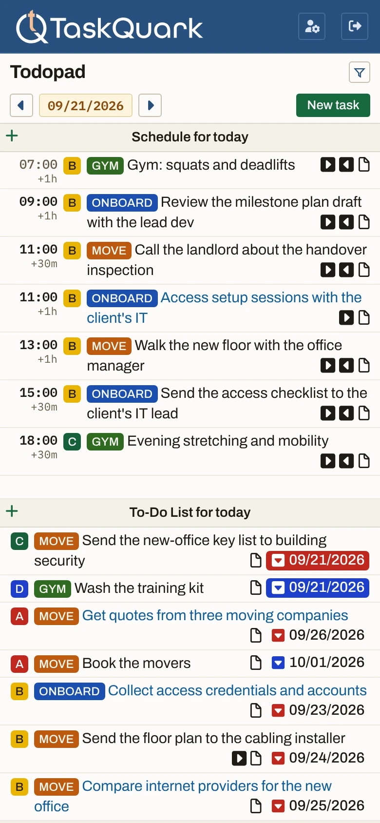 The TaskQuark app on the Todopad on a phone: the schedule for today, then the to-do list for today, in one column, with tasks from a gym, a move, and a client onboarding