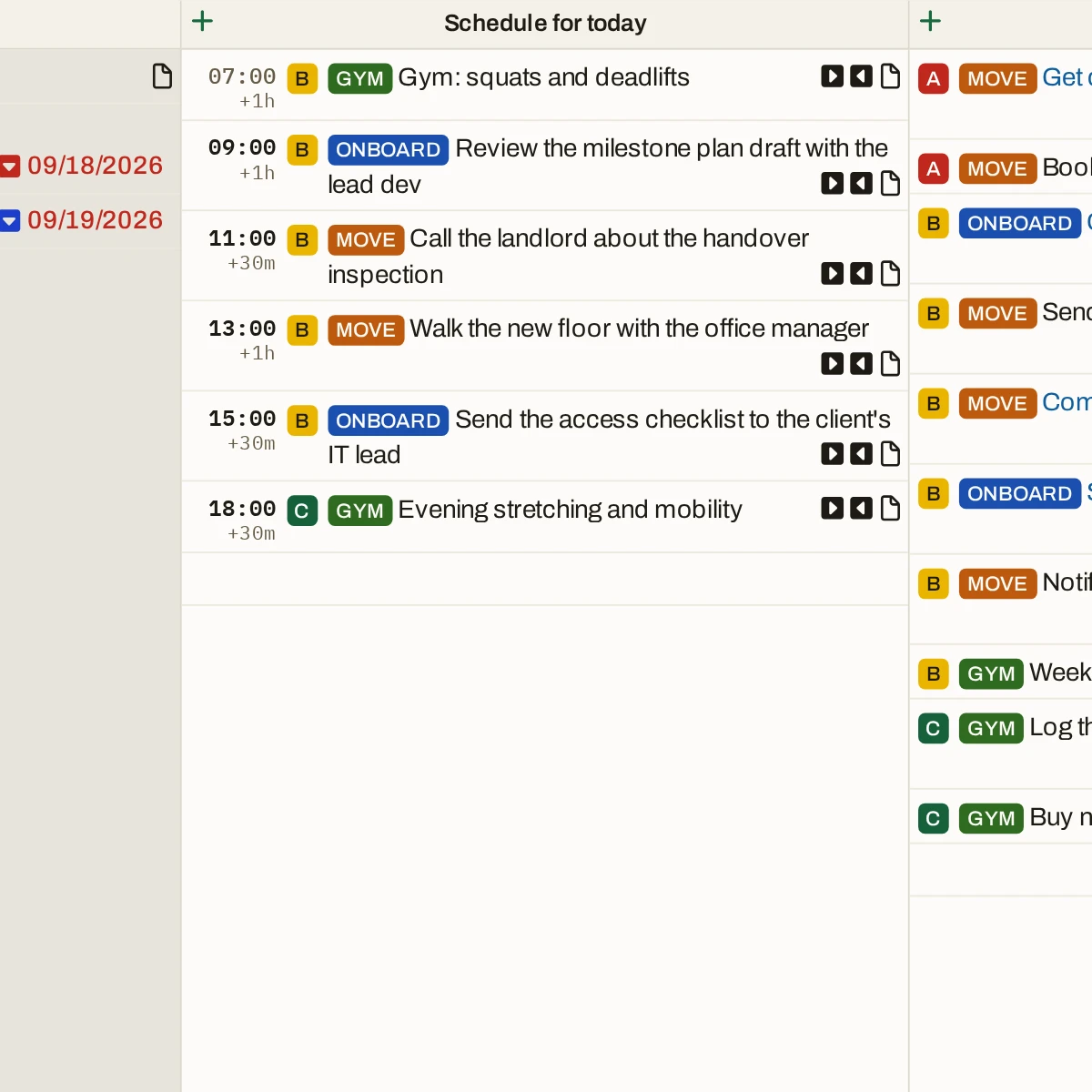The Schedule for today column: six timed tasks from 07:00 to 18:00, from the gym, onboarding, and move projects, in time order