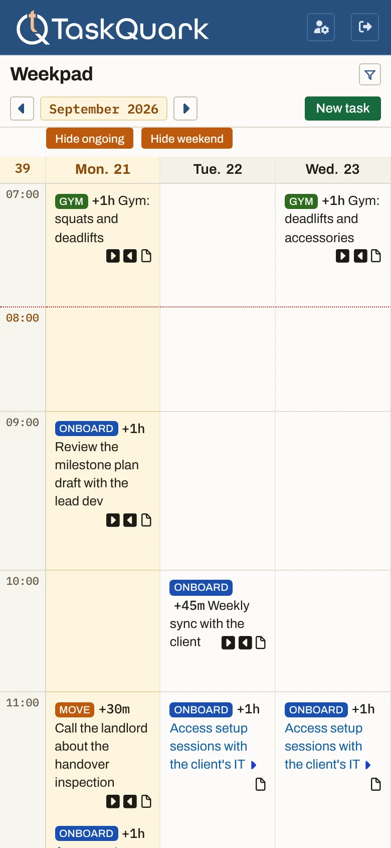 The same Weekpad on a phone: Monday 21 to Wednesday 23 September from 07:00, hour by hour, with the gym, client onboarding, and move tasks at their times