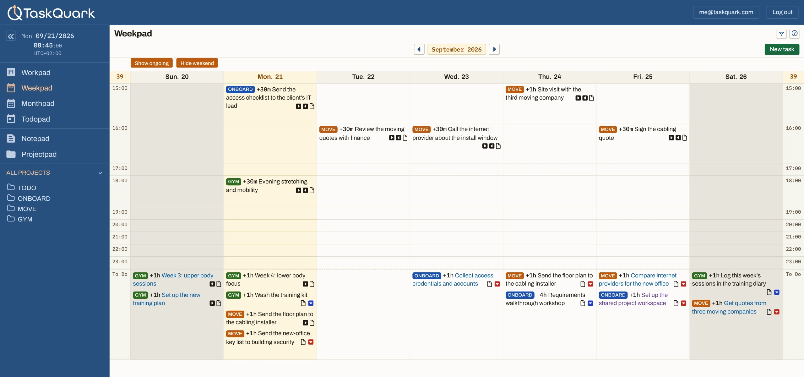 The TaskQuark app on the Weekpad for the week of Sunday 20 to Saturday 26 September 2026, sidebar open with Weekpad selected: the week navigator, seven day columns, the afternoon and evening hours with timed tasks from a client onboarding, an office move, and a gym season, and the To Do row of tasks with no time set at the foot of each day