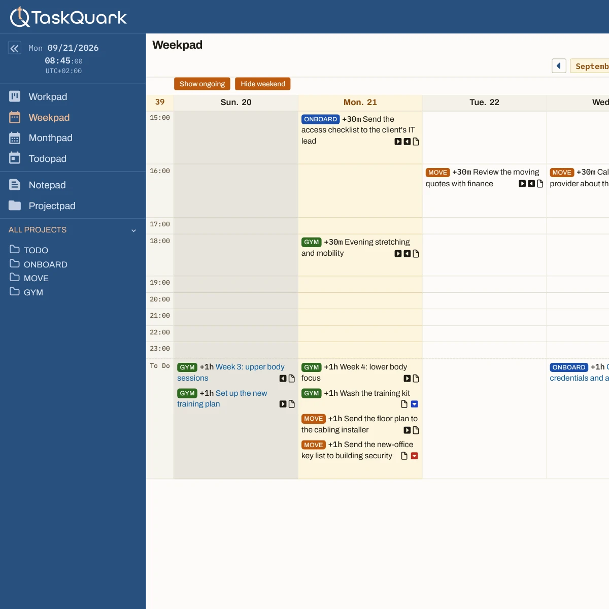 The Weekpad from its left edge, sidebar open with Weekpad selected: Sunday 20 to Tuesday 22 from 15:00, timed tasks from the onboarding, move, and gym projects in their hours, then the To Do row with the tasks that have no time set under their days, four of them on Monday