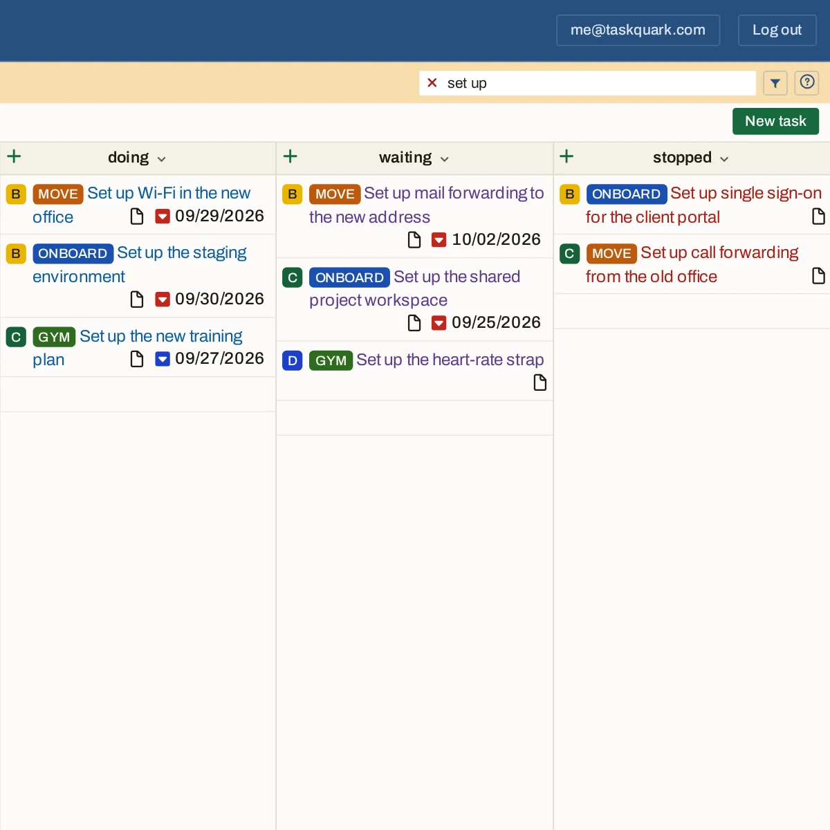 The filter open in the pane head with "set up" typed, and the doing, waiting, and stopped columns narrowed to the matching tasks from all three projects