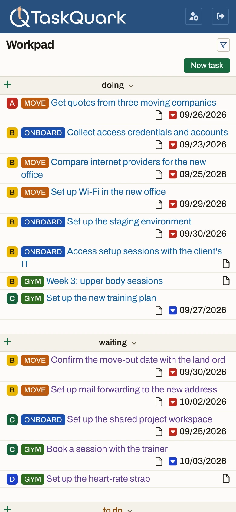 The same Workpad on a phone: the doing and waiting columns stacked in one column, with to do starting below