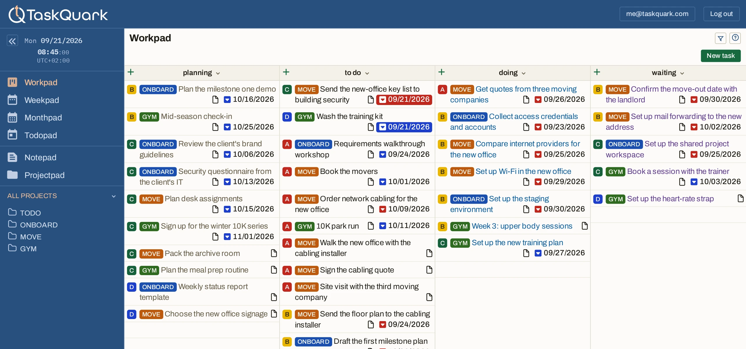 The TaskQuark app on the Workpad for Monday 21 September 2026, sidebar open with Workpad selected: planning, to do, doing, and waiting columns holding tasks from a client onboarding, an office move, and a gym season, each with a priority letter