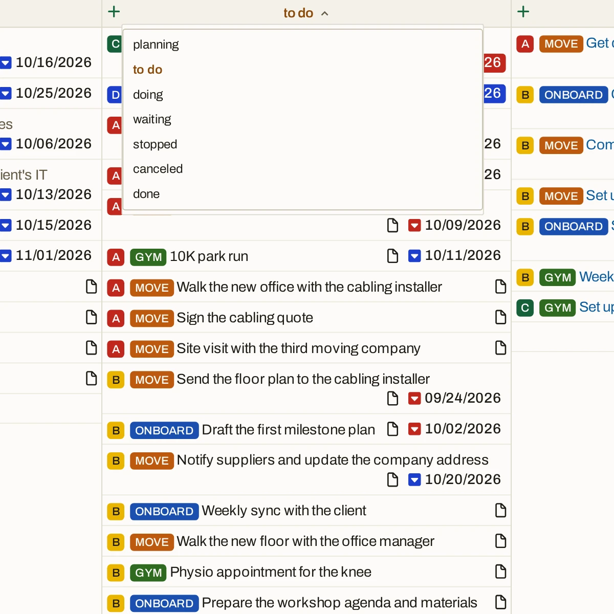 The to do column with its header’s state picker open, listing all seven states: planning, to do, doing, waiting, stopped, canceled, and done